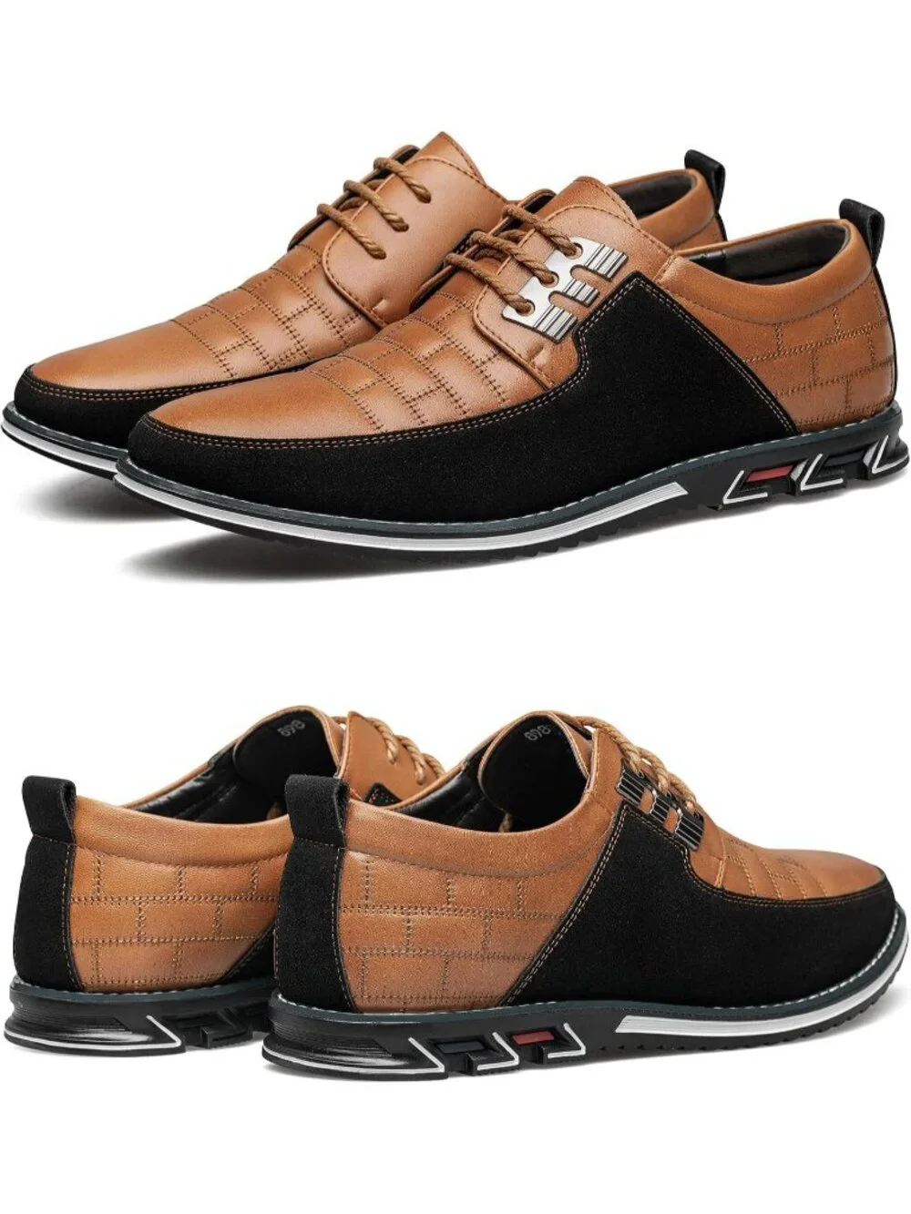 Men's Coffee Plaid Embossed Grid Leather Comfortable Hybrid Oxford Dress Sneaker
